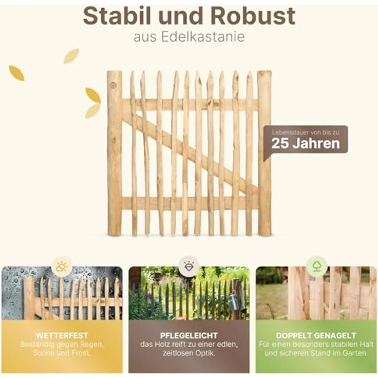 STILTREU Gartentor Classic Staketenzaun-Tor, Edelkastanie, 75 cm x 80 cm, langlebig und handgefertigt – Bild 5