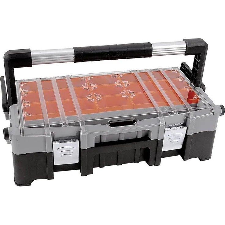 ALUTEC München Werkzeugkoffer Profi-Werkzeugkoffer 22″ mit Cantilever, transparenter Deckel, Aluminium Bügelgriff