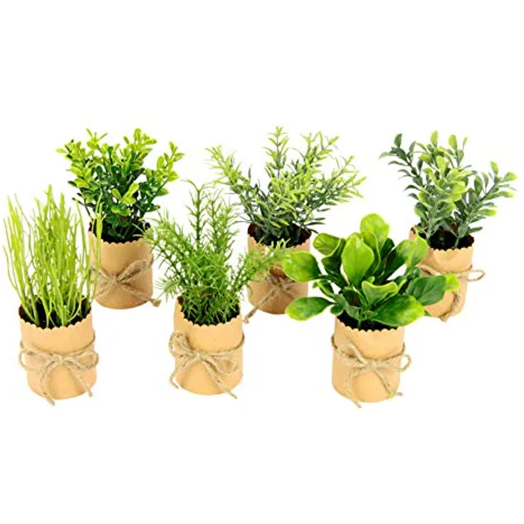 Künstliches mini Kräuter Sortiment in Töpfchen aus Papier Pflanzen Kunstpflanzen Künstlicher Eukalyptus Rosmarin Babyspinat Thymian Basilikum Lauch Schittlauch Gartenkräuter Deko für Küche 6er Set