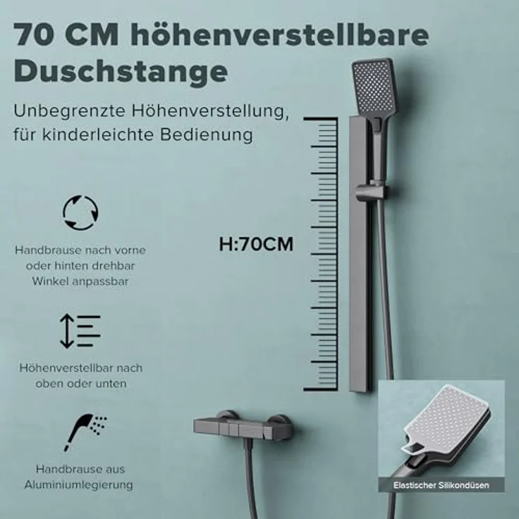 doporro Duschsystem10, Duscharmatur mit Regendusche und 3 Strahlarten, höhenverstellbare Aluminium Duschstange, grau – Bild 5