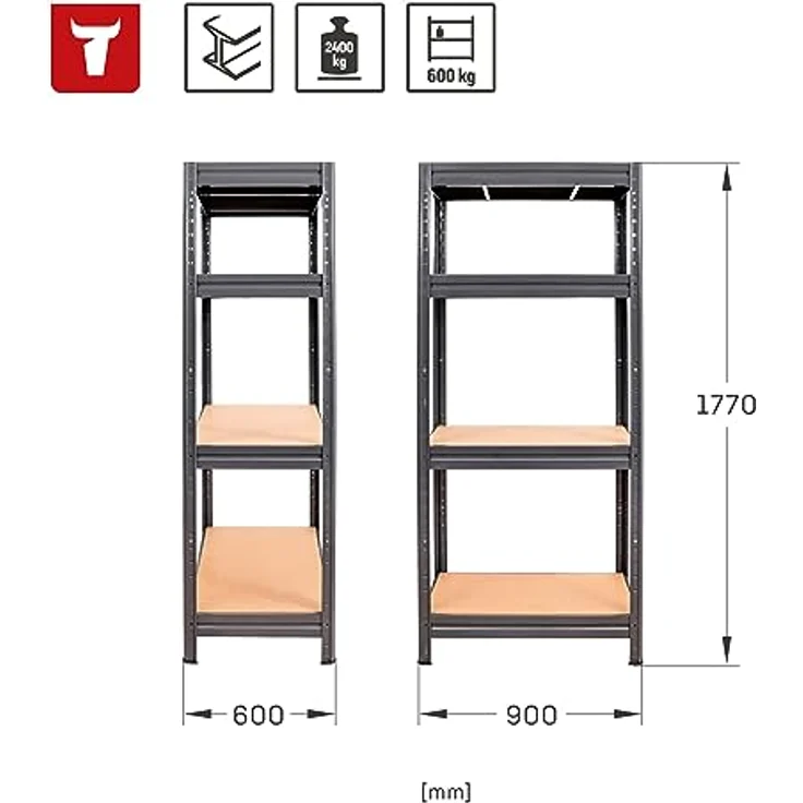 STIER Schwerlast-Fachbodenregal, maximale Fachlast 600kg, HxBxT 1770x900x600 mm, stabiles Stahlgestell, einfach zu montieren – Bild 2