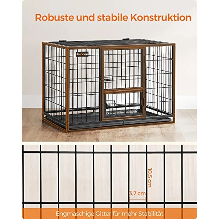 Feandrea Hundekäfig hochbelastbar, Gitterbox, transportabler Haustierkäfig, 92,5 x 57,5 x 64 cm, für kleine, mittelgroße Hunde, sicher, 2 abnehmbare Türen, Welpenauslauf, L, tintenschwarz – Bild 4