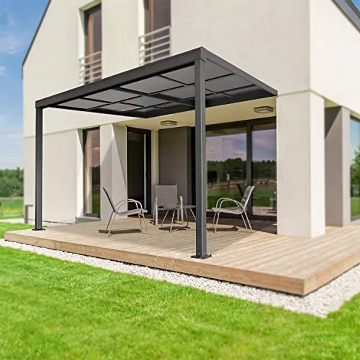 Juskys Terrassenüberdachung 4x3 m mit Schiebedach - Terrassendach aus Aluminium mit Doppelstegplatten - wetterfeste Überdachung mit UV-Schutz - Grau - Preisvergleich – Bild 2
