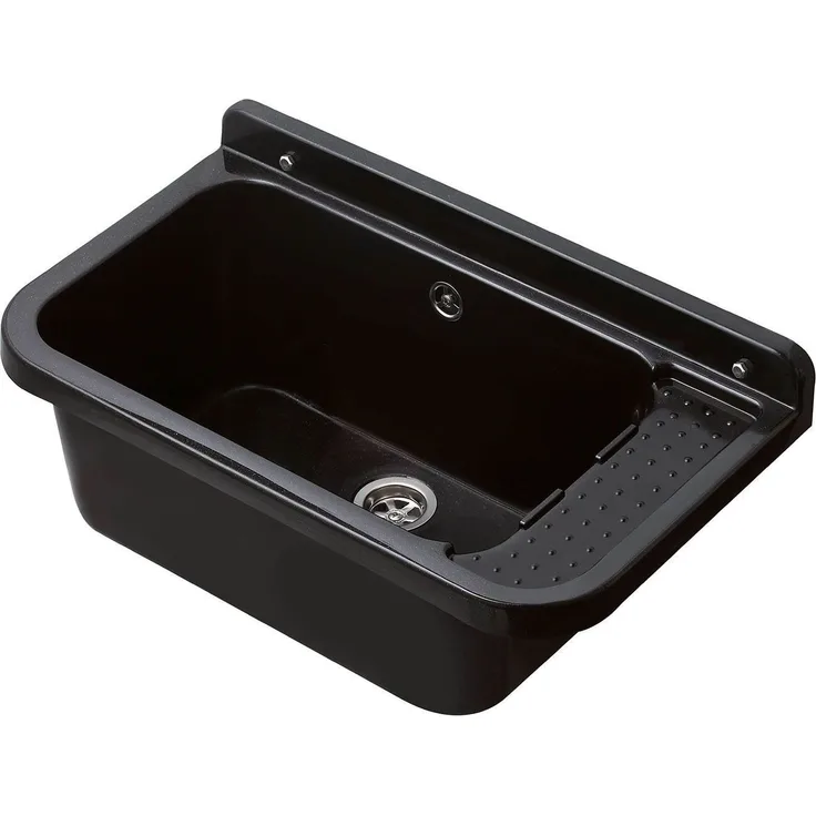 Hydroland Waschbecken Granit Schwarz 60, Ausgussbecken Spülbecken Kunststoff mit Ablaufgarnitur 60x34x21, UV-beständig, 17 Liter Fassungsvermögen