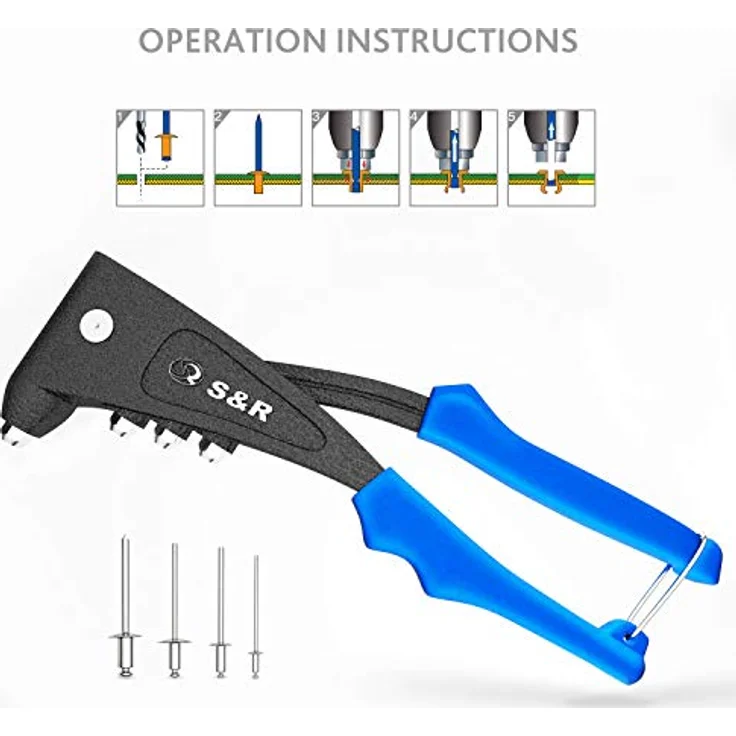 S&R Blindnietzangen-Set mit 60 Nieten: 2,4 mm, 3,0/3,2 mm, 4,0 mm, 4,8/5,0 mm Nietzange in Werkzeugbox, Alu-Nieten, ergonomische Griffe – Bild 5
