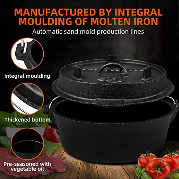 BROILISSIMO Dutch Oven Set Gusseisen, 4-6-9 L, Grilltopf mit Doppelfunktion, ideal für Grill und Camping, stabiler Deckel mit Sicherheitshebern – Bild 3