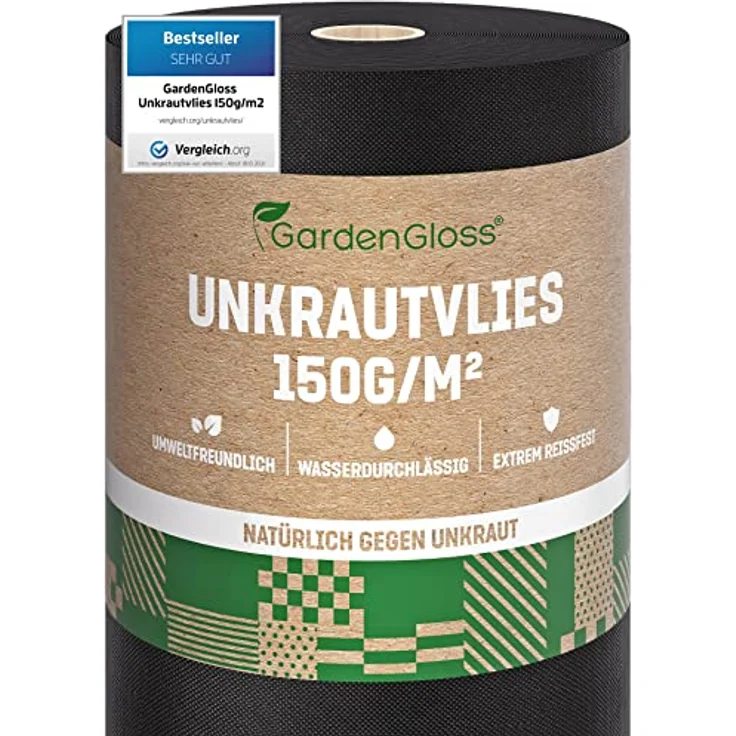 GardenGloss® 50m² Unkrautvlies Gartenvlies 150g/m² Extra Stark gegen Unkraut – Extrem Reissfest und Hohe UV-Stabilisierung – Unkrautfolie Wasserdurchlässig (50m x 1m, 1 Rolle) - Hohe Materialstärke für vielfältige Verwendungsmöglichkeiten – Bild 1