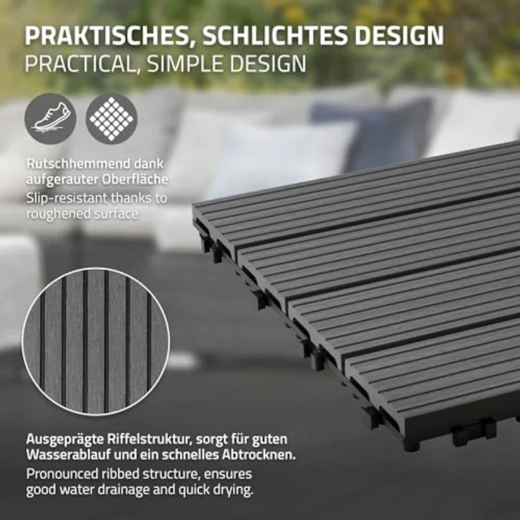 ECD Germany WPC Terrassenfliesen 30x30 cm 22er Spar Set für 2m² Anthrazit in Holzoptik für Garten Balkon Bodenbelag mit Drainage und Klicksystem Terrassendielen Balkonfliesen Klickfliesen Holzfliesen – Bild 5