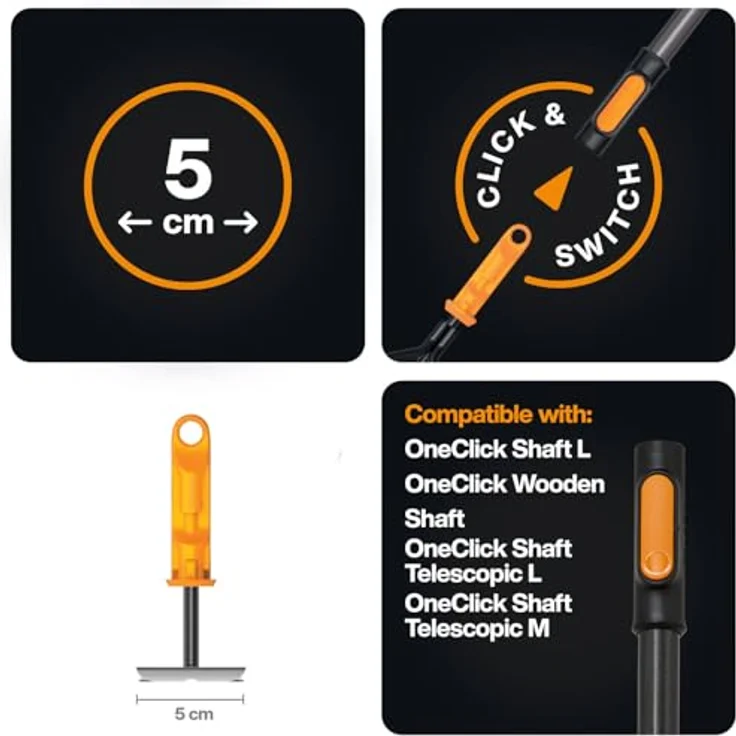 Fiskars OneClick Kombihacke, 2-in-1 Aufsatz zum Lockern und Unkrautjäten, müheloser Wechsel mit nur einem Klick, Borstahl, Breite: 5 cm, Schwarz/Orange, 1080695 – Bild 2