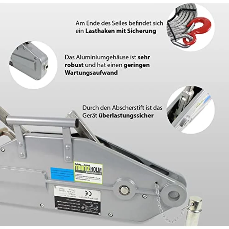 TRUTZHOLM Seilzug 1600kg Greifzug Forstseilwinde mit 20m Spezialseil, Aluminiumgehäuse und gummiertem Handgriff – Bild 3
