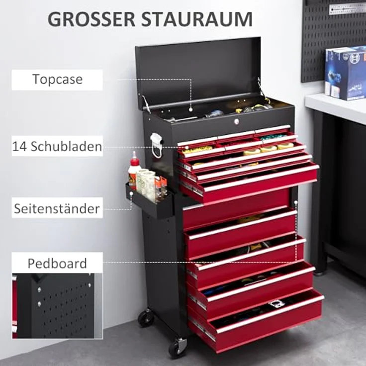 HOMCOM Werkstattwagen mit 14 Schubladen, abschließbar, Rot, mobiler Rollwagen mit seitlicher Lochwand und EVA-Matten, max. Traglast 130 kg – Bild 4