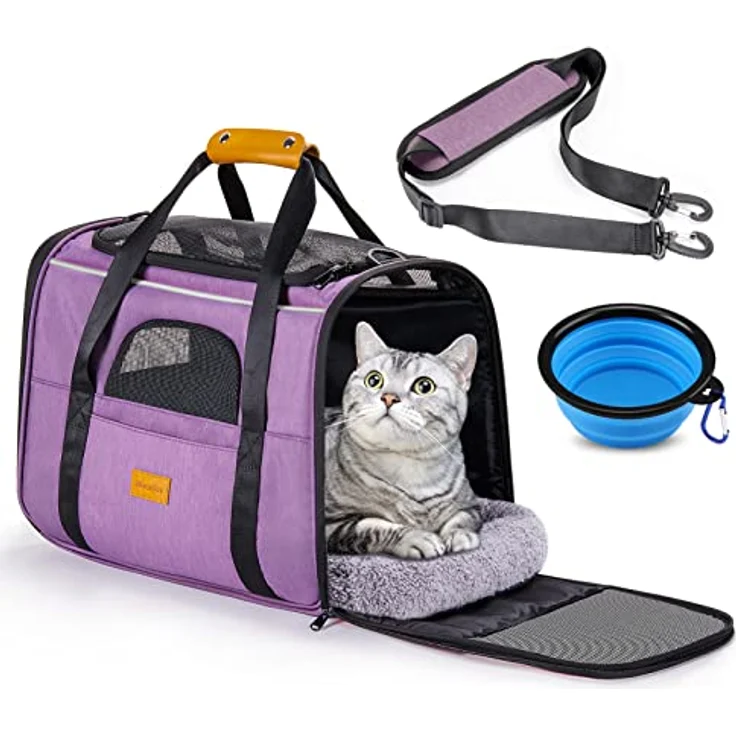 Morpilot Hundetasche Transportbox, Atmungsaktive und Faltbare Hundebox, Katzen Transportboxen mit Verstellbarem Schultergurt, Katzentragetasche mit Abnehmbarer Plüschmatratze + Schüssel – Bild 1