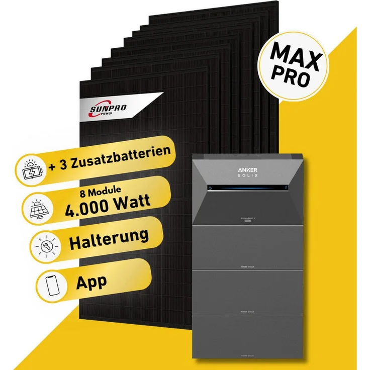 Balkonstrom Balkonkraftwerk Komplettset 4000W mit Anker Solix 4 Pro Speicher, 8x Sunpro Solarmodule, Bifazial, Monokristallin, Halterung für Balkon & Garten