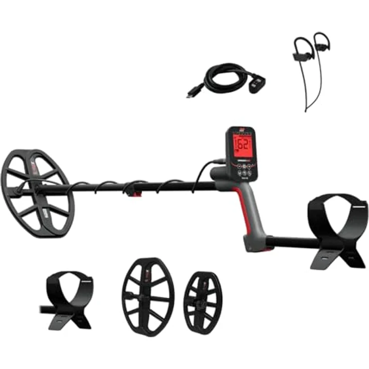 Minelab Vanquish 560 Pro Metalldetektor, Multi IQ Technologie, wasserdicht bis 5m, 10 Stunden Akkulaufzeit, inklusive V12X und V8X Spulen, rot – Bild 1