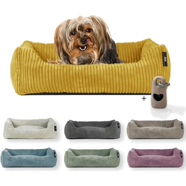 Rohrschneider Hundebett waschbar, für kleine und mittelgroße Hunde, mit Wendekissen aus Cordstoff, 2 Größen (ca. 55x42 cm/ca. 70x50 cm), inklusive Gassibeutel (Senf) – Bild 1