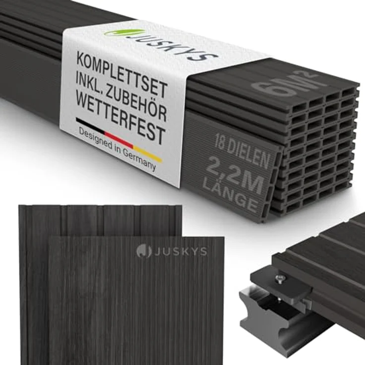 Juskys WPC Terrassendielen 6 m², 18-St./220 cm, witterungsbeständig, grau, raue Oberfläche, 330 kg/m² belastbar – Bild 1