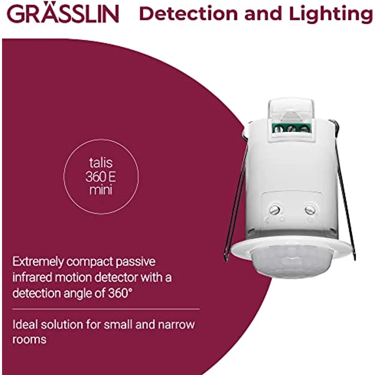 GRÄSSLIN 18.06.0028.1 talis 360 E Mini - Passiv-Infrarot Bewegungsmelder für Deckenmontage DE im Innenbereich I 1-Kanal I 360° Erfassungswinkel I LED 200W I Glüh- und Halogen 1000W – Bild 3