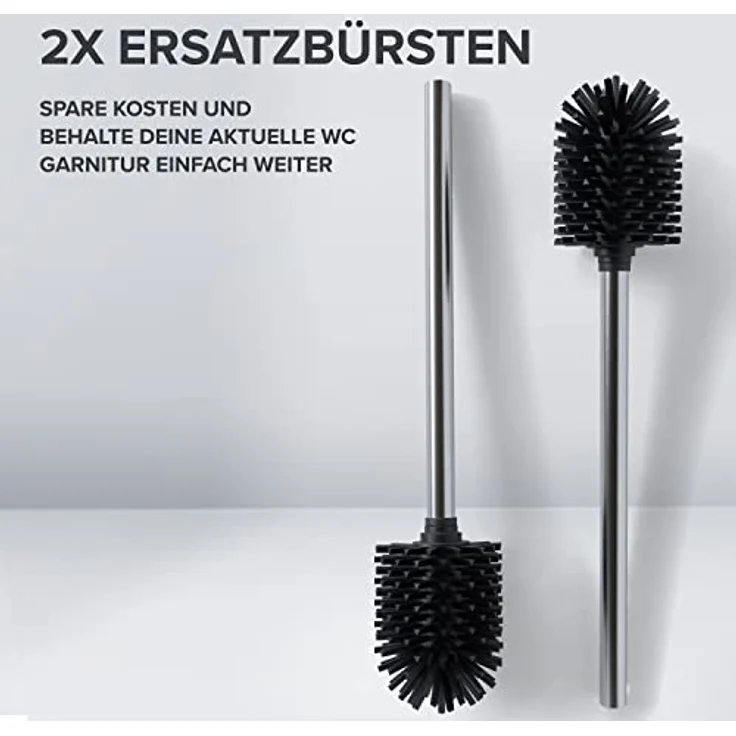 ovimar Ersatzbürste Vesborg | Set 2 Stiele und 2 Bürstenköpfe | Silber | Griff in Edelstahl | Klobürste mit Silikon Bürstenkopf in schwarz | Toilettenbürste mit wechselbarem Bürstenkopf – Bild 2