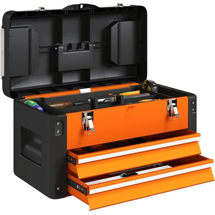 HOMCOM Werkzeugbox mit 2 Schubladen und Mini-Box, Stahl, orange, 49,7 x 25,3 x 28,9 cm, mit handlichem Tragegriff – Bild 1