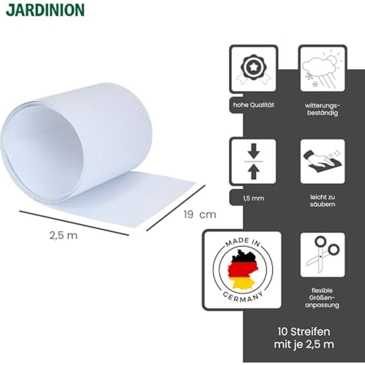 Jardinion Doppelstabzaun Sichtschutzstreifen PVC 250cm, 10 Stück, UV-beständig, 100% blickdicht, Farbe Weiß, einfache Montage für Balkon und Gartenzaun – Bild 2