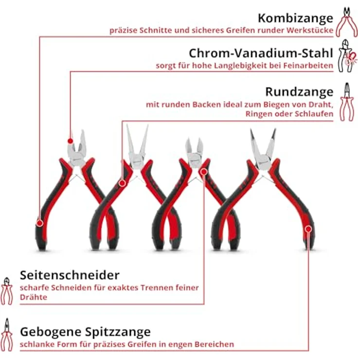 Einhell Feinmechaniker-Zangen-Set 4-tlg., CV-Stahl, gehärtet, ergonomische Griffe, rostfrei – Bild 2