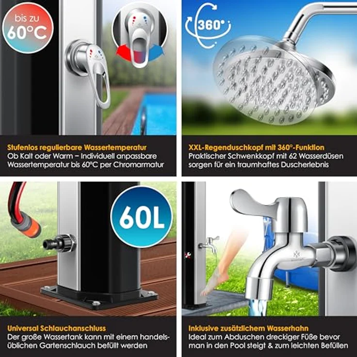 KESSER Solardusche 40- 60 Liter Solar Gartendusche warmes Wasser max. 60°C Inkl. Schutzhaube ohne Stromanschluss Pooldusche CampingRegenduschkopf und Wasserhahn Gartenschlauch-Anschluss Schwarz - Silber, 60 Liter - Preisvergleich – Bild 3