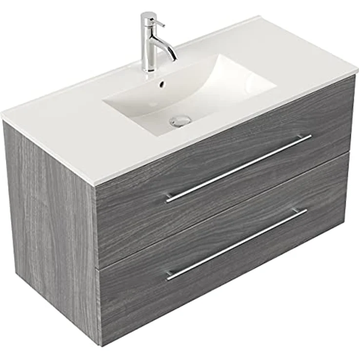 emotion | Waschbecken mit Unterschrank in Silber-Eiche | Made in Germany | B101 x H56 x T47 cm | Waschtischunterschrank mit zwei Schubladen | Keramik-Badmöbel für designvolle Badezimmer – Bild 1
