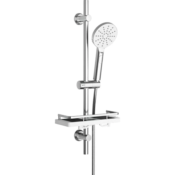 Görbach Duschstange mit Handbrause, Edelstahl Brausestange 70 cm, chrom, 3 Strahlarten, höhenverstellbar, inklusive Duschablage – Bild 1
