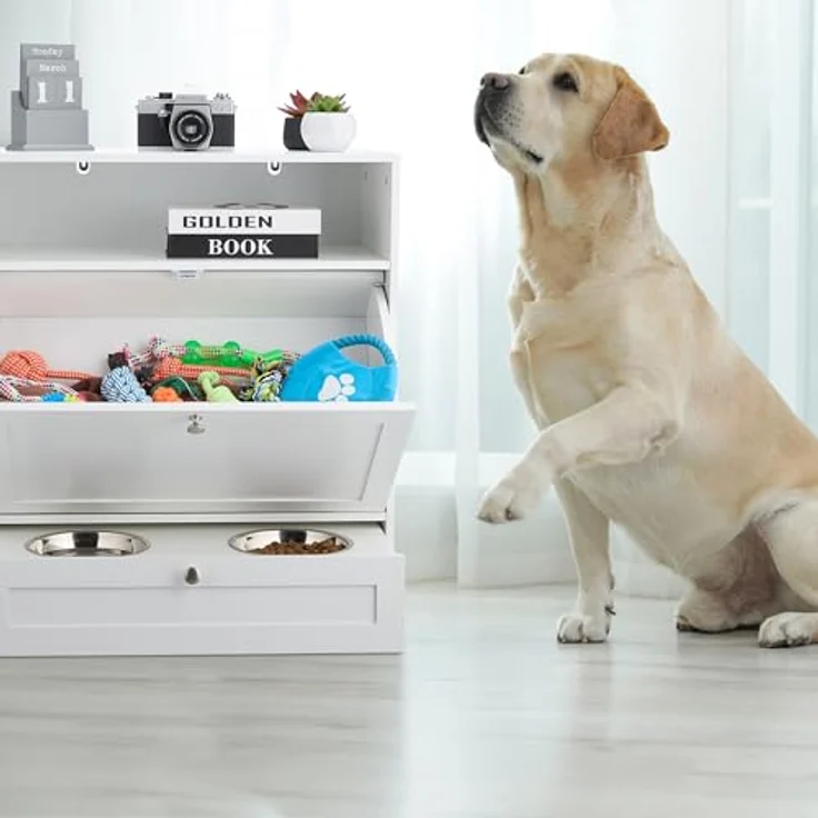 Relaxdays Futterschrank Hund, Schublade mit 2 Fressnäpfen, Kippfach, MDF, weiß – Bild 3