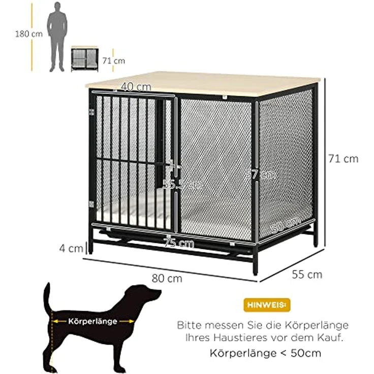 PawHut Hundekäfig, Hundehaus, Haustierkäfig, Hundehütte mit Kissen, herausnehmbarer Bodenwanne, Hundebox für mittelgroße Hunde, Tierkäfig, Indoor, Eiche, Schwarz, 80 x 55 x 71 cm – Bild 3