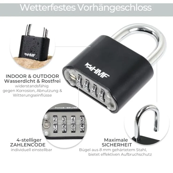 HMF Zahlenschloss Vorhängeschloss 3507-02, robustes 4-stelliges Zahlenschloss mit Zinklegierung, witterungsbeständig, schwarz, 5,3 x 2,4 x 7,8 cm – Bild 2