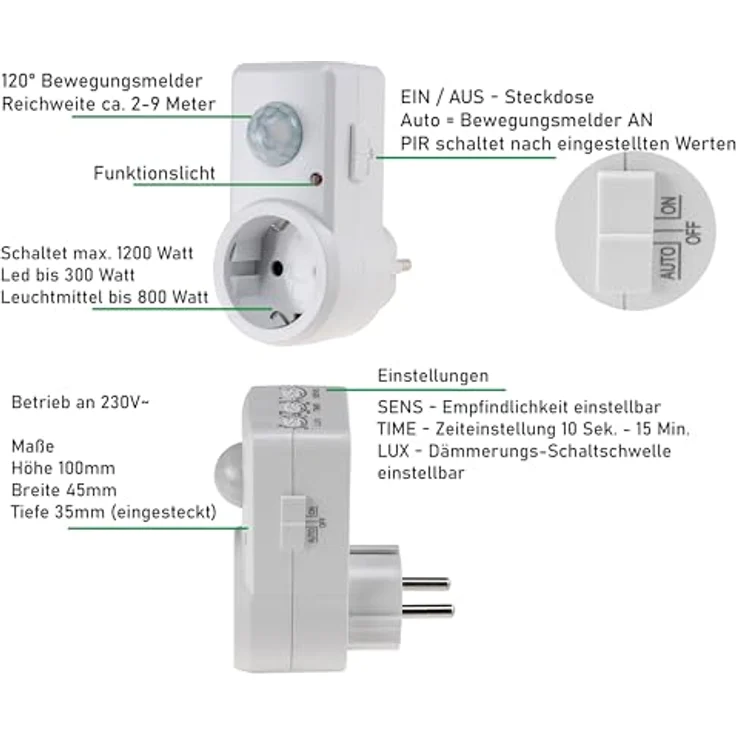 Chilitec Zwischenstecker mit Bewegungsmelder 230V Steckdose weiß – Bild 4