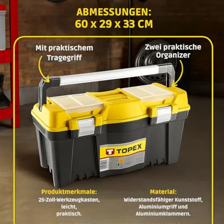 TOPEX Werkzeugkasten 25", Organizer mit verschließbaren Fächern, 60 x 29 x 33 cm, stabile Kunststoffausführung – Bild 2