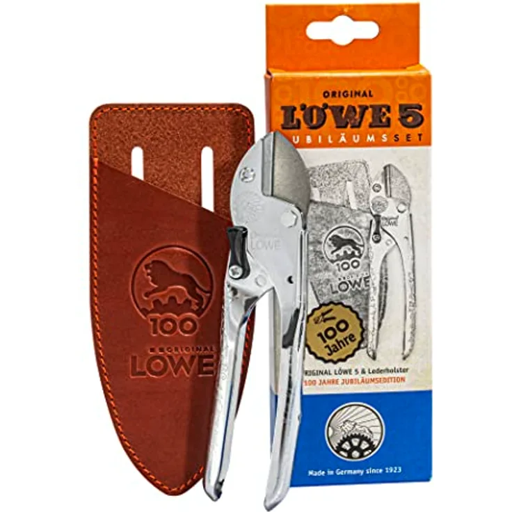 Original LÖWE 5, 100 Jahre Jubiläumsedition - Profi Gartenschere Amboss Schere 5.100 aus Metall mit rostfreier und antihaftbeschichteter Stahlklinge zusammen mit handgefertigtem Lederholster