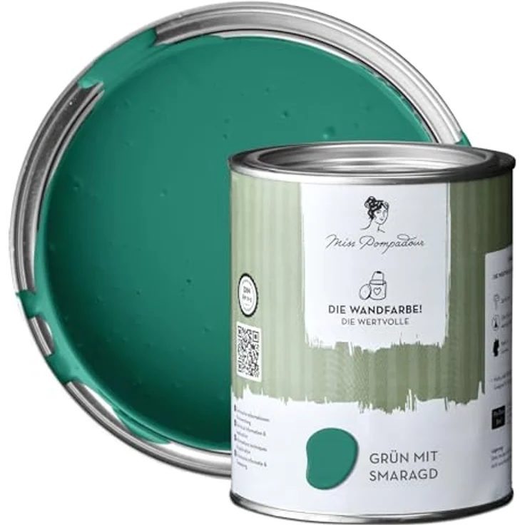 MissPompadour Wandfarbe Grün mit Smaragd, matte Innenfarbe mit sehr hoher Deckkraft, 1 L, geruchsneutral und spritzfrei, wasserbasiert – Bild 1