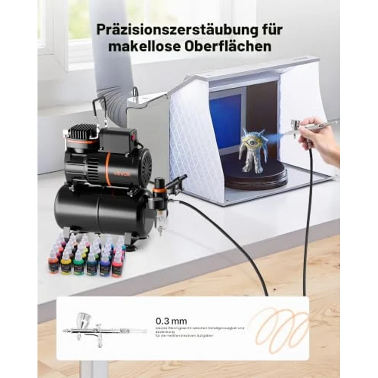 VEVOR Airbrush Set 1/6 PS, mit 0,3 mm Dual Action Airbrush, Luftkompressor & Tank, inkl. Acrylfarbe und Reinigungsset, ideal für Kuchendekoration, Modellmalerei und Nagelkunst – Bild 2