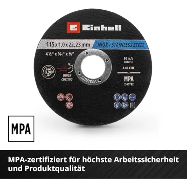 Einhell Trennscheiben Metall, 100-tlg., Ø 115 mm, MPA-zertifiziert, für Edelstahl und Stahl, leichter Schnitt, in Dose – Bild 4