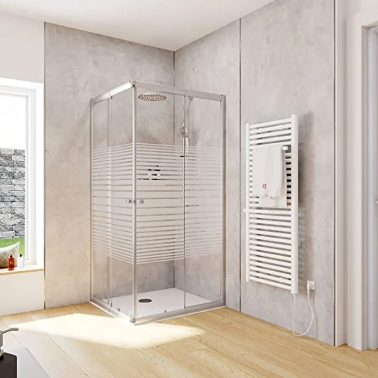 Schulte Duschkabine Corner, Eckeinstieg mit silberfarbenen Schiebetüren, 4 mm ESG-Sicherheitsglas mit Querstreifen, 80x90 cm, Montage auf Duschwanne oder Fliese – Bild 1