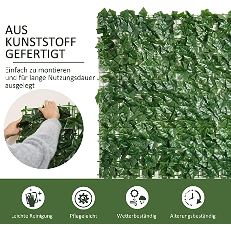 Outsunny Künstlicher Hecken Sichtschutz, UV geschützter Zaun Sichtschutzgitter mit dunkelgrünen Blättern, 300 x 100 cm für Garten und Balkon – Bild 3