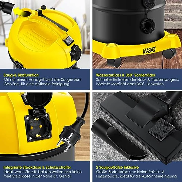 MASKO 6IN1 Industriestaubsauger Staubsauger Nass Trocken Sauger Aschesauger 2300W + Steckdose   Blasfunktion   Trocken-Saugen & Nass-Saugen   Industrie-Sauger mit & ohne Beutel   beutellos Gelb – Bild 3