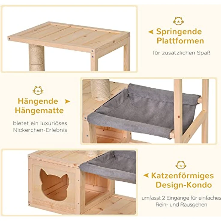 Pawhut Katzenhaus mit Hängematte, Katzenkiste mit Sisalstamm, Katzenhöhle, Katzenbaum, Katzenaktivitätszentrum, Tannenholz, Natur, 70 x 35 x 60 cm – Bild 5