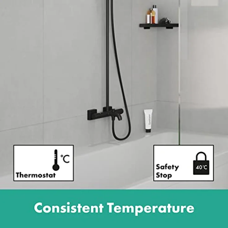 hansgrohe HG Showerpipe Vernis Shape 240 Duschsystem mit 1 jet, Wannenthermostat, mattschwarz, abnehmbarer Kopfbrause, Regenstrahl und Sicherheitsverriegelung bei 40 °C – Bild 3