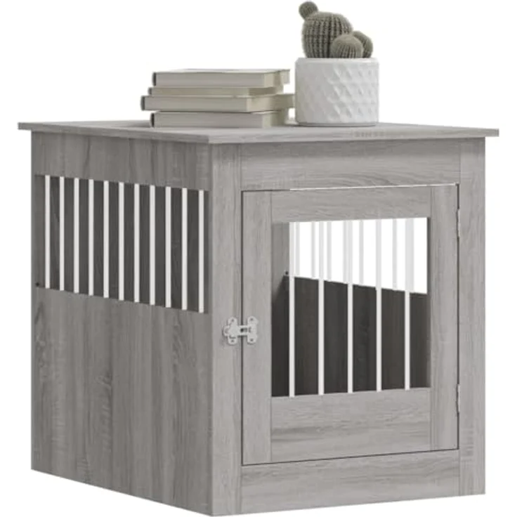 vidaXL Hundekäfig im Möbelstil, Abschließbar Hundebox mit Tür, Hundehütte Beistelltisch 2-in-1-Funktion, Grau Sonoma Holzwerkstoff 64,5x80x71cm – Bild 4