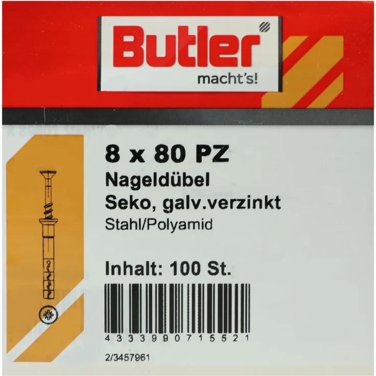 Butler macht',s! Nageldübel, Stahl - Polyamid, Senkkopf, galvanisch verzinkt 8 x 80 mm, 100 Stück