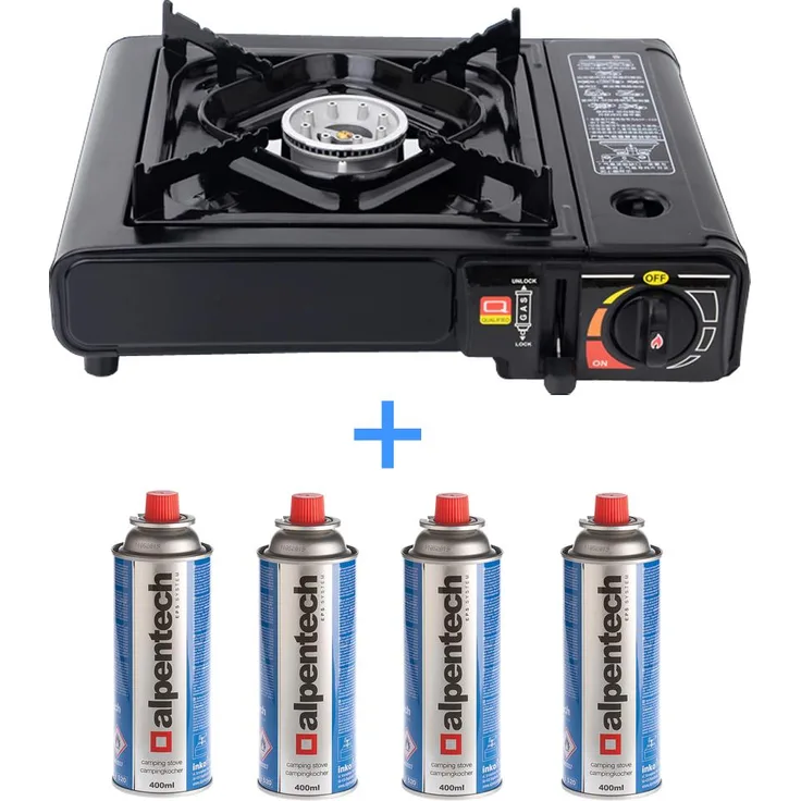 Campingkocher + 4x Gaskartuschen 227g Transportkoffer Camping Gaskocher mit Piezozündung Schwarz