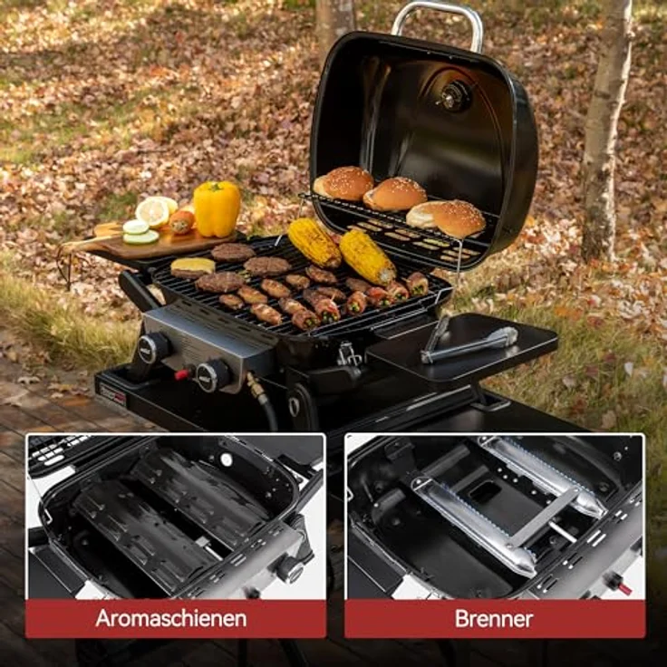 Royal Gourmet 2-Brenner Tragbarer Gasgrill, 5 kW Tischgrill mit klappbaren Seitentischen, portabler BBQ Grill für Balkon, Terrasse, Garten Schwarz – Bild 6