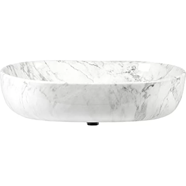 STABILO Sanitaer Waschbecken Keramik Marmoroptik Aufsatzwaschbecken Oval 59 x 41 cm Komplettset, weiß – Bild 2