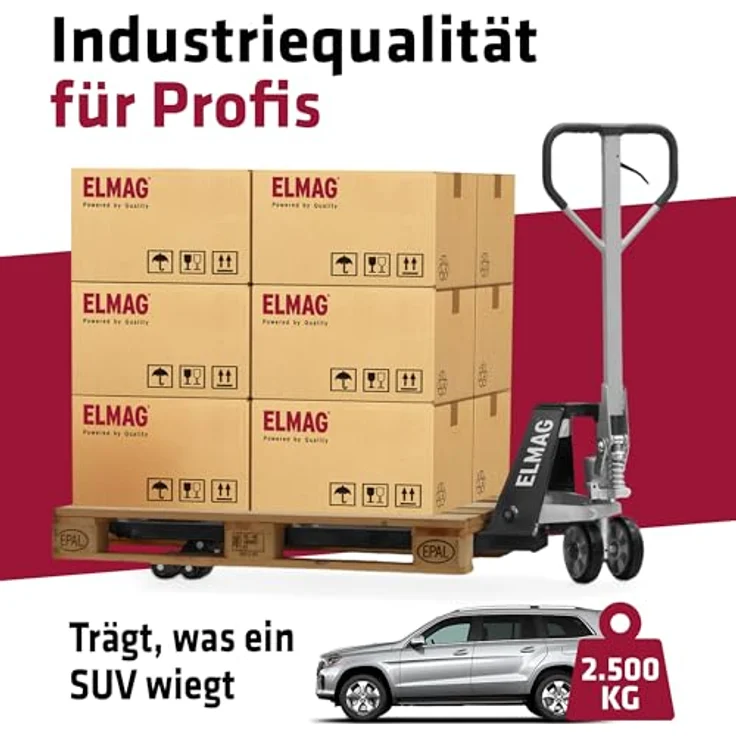 Elmag Handhubwagen HW 2500, Palettenwagen mit 2500 kg Tragkraft, 1150 mm Gabellänge, 540 mm Gabelbreite, Gummiräder & Polyurethan-Tandemrollen für mühelosen Transport – Bild 3