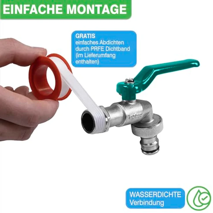 YourCasa® Wasserhahn Garten 1/2 Zoll & 3/4 Zoll aus Messing inkl. Schlauchanschlss & Dichtband - Wasserhahn Aussen Kugelhahn 1/2 Zoll Frostsicher - Garten Wasserhahn Auslaufhahn Regentonne (grün) – Bild 5