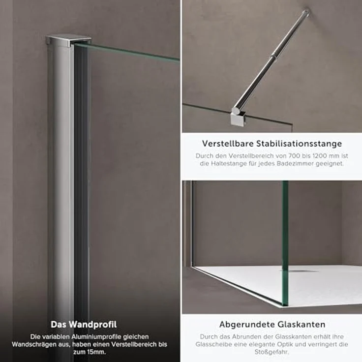 doporro Walk-in-Dusche Duschwand für Dusche Duschkabine Duschabtrennung 10mm ESG NANO, Einscheibensicherheitsglas, Klarglas, rechteckiger Stabilisator aus Edelstahl, variabler Wandabstand 70−120 cm – Bild 5